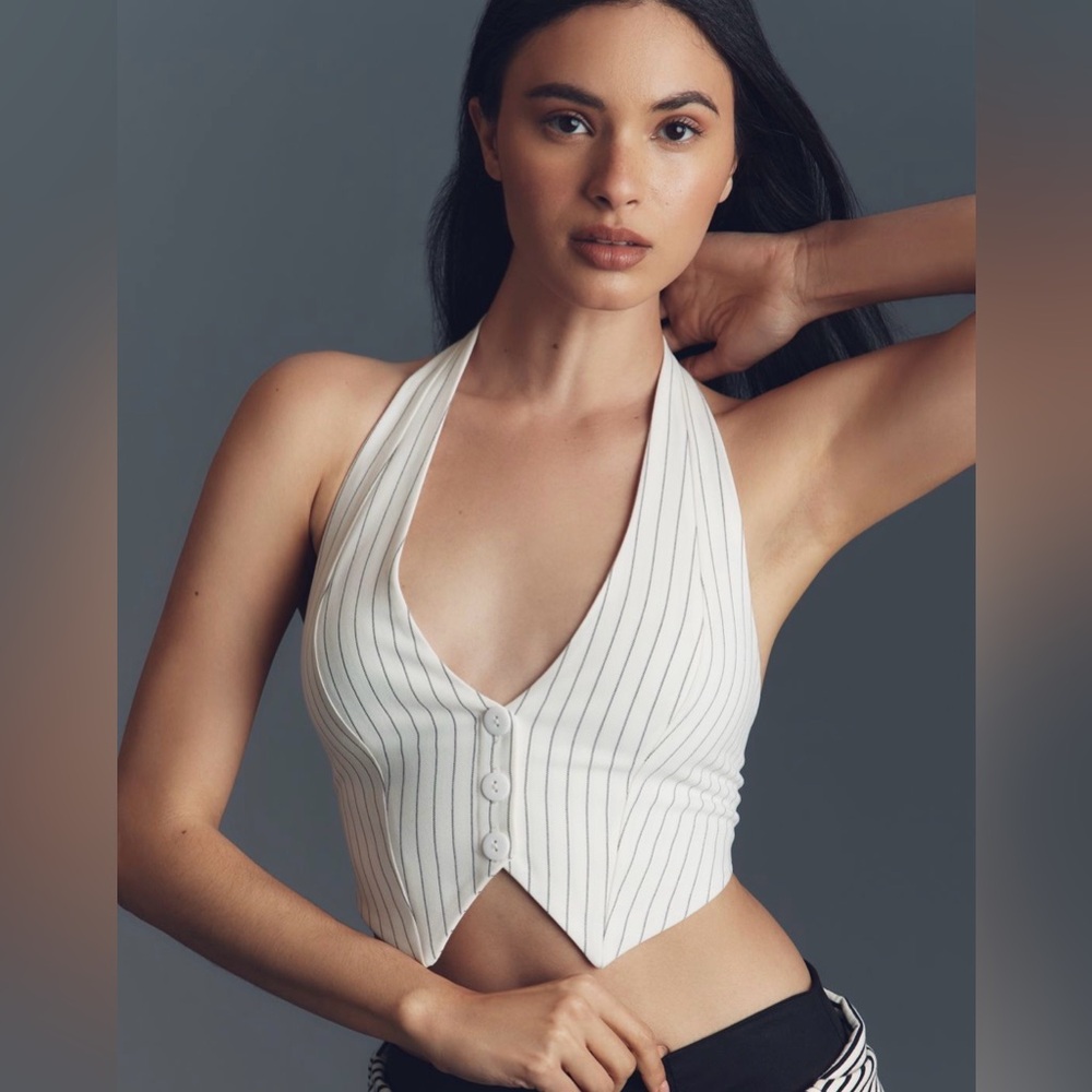 Anthropologie White Pinstripe Halter Button-Front Crop Vest Size L NWT